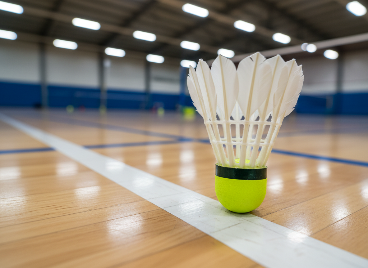 A vibrant badminton shuttlecock in bright white synthetic feathers with a neon-yellow rubber base rests on a slightly scuffed, polished indoor court line. The glossy wooden floor of a modern sports hall stretches into the distance, with crisp white and colored court markings fading into a soft blur. Overhead LED lighting casts clean, even light, creating subtle reflections and gentle shadows beneath the shuttlecock. Photographic realism with an energetic, playful mood, captured from a low, eye-level angle with shallow depth of field, emphasizing the shuttlecock’s texture and details while keeping the background softly out of focus, suggesting space and movement without showing any people.