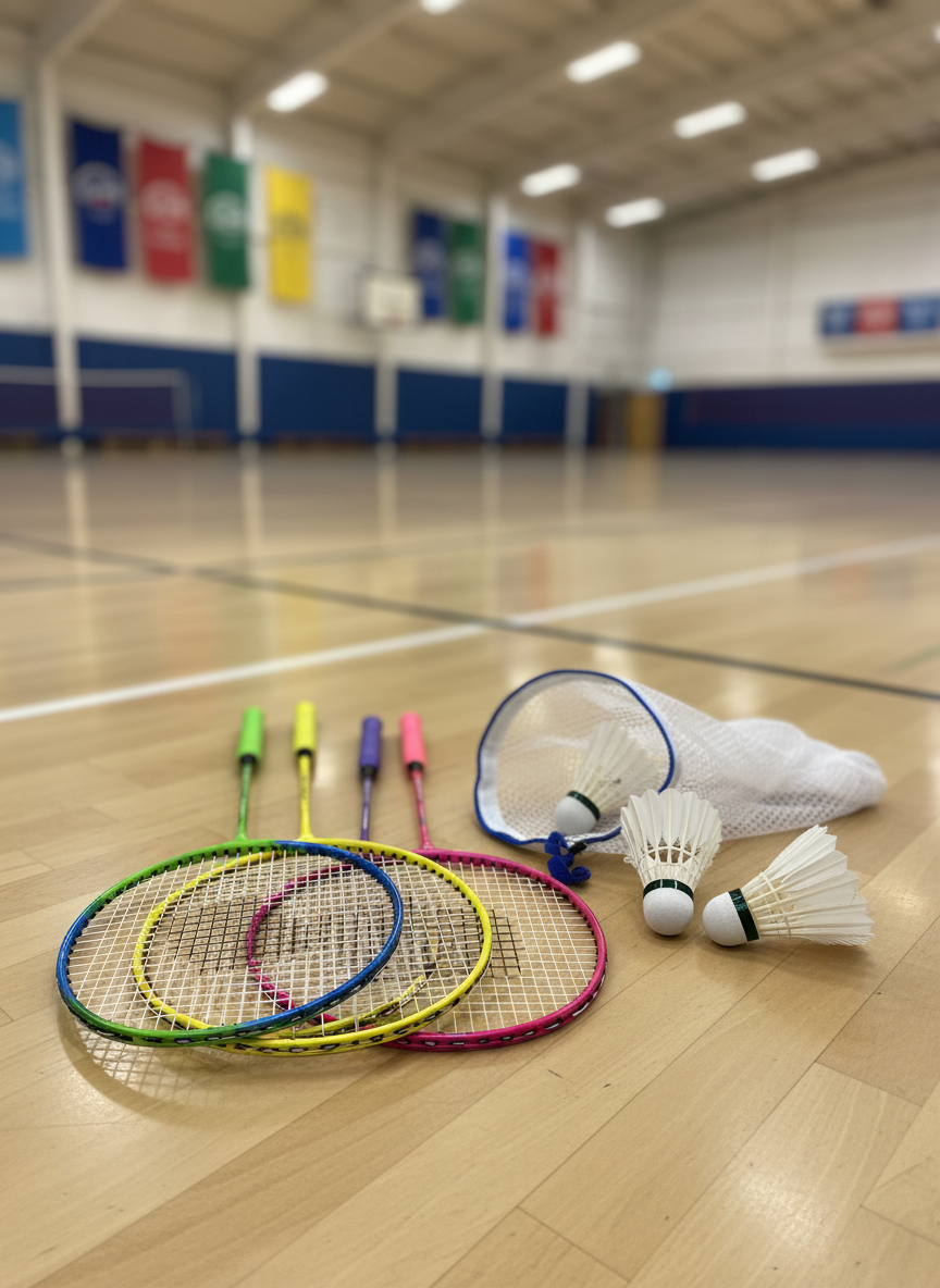 A cluster of colorful junior badminton rackets arranged in a loose fan formation on a smooth gym floor, each racket featuring different bright grip colors and slightly smaller heads suited for youth players. Next to them lies a small mesh bag spilling out a few pristine white shuttlecocks. The scene is set in a cheerful indoor sports hall, with blurred banners in playful colors hanging high on the walls. Even, diffused overhead lighting produces soft reflections on the string beds and floor. Shot from a slightly elevated angle in photographic realism, the composition uses the rule of thirds, creating a lively, dynamic yet tidy atmosphere perfect for a youth badminton club.