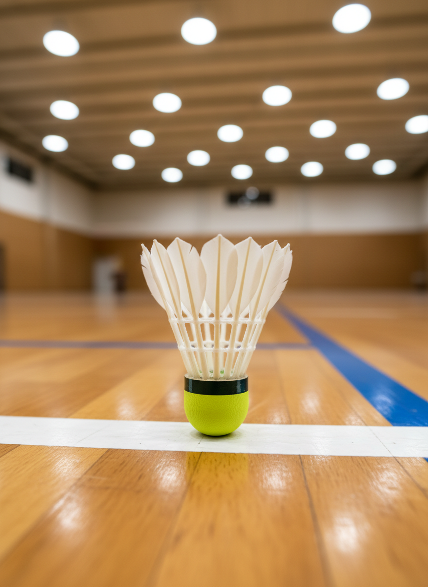 A vibrant badminton shuttlecock in bright white synthetic feathers with a neon-yellow rubber base rests on a slightly scuffed, polished indoor court line. The glossy wooden floor of a modern sports hall stretches into the distance, with crisp white and colored court markings fading into a soft blur. Overhead LED lighting casts clean, even light, creating subtle reflections and gentle shadows beneath the shuttlecock. Photographic realism with an energetic, playful mood, captured from a low, eye-level angle with shallow depth of field, emphasizing the shuttlecock’s texture and details while keeping the background softly out of focus, suggesting space and movement without showing any people.