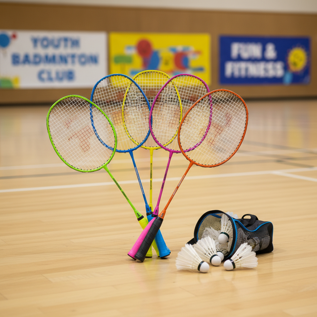 A cluster of colorful junior badminton rackets arranged in a loose fan formation on a smooth gym floor, each racket featuring different bright grip colors and slightly smaller heads suited for youth players. Next to them lies a small mesh bag spilling out a few pristine white shuttlecocks. The scene is set in a cheerful indoor sports hall, with blurred banners in playful colors hanging high on the walls. Even, diffused overhead lighting produces soft reflections on the string beds and floor. Shot from a slightly elevated angle in photographic realism, the composition uses the rule of thirds, creating a lively, dynamic yet tidy atmosphere perfect for a youth badminton club.