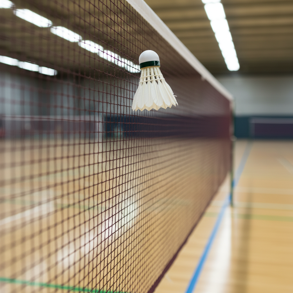 A detailed close-up of a badminton net stretched tightly across a gleaming indoor court, the fine white mesh sharply in focus while the green and blue court lines dissolve into a soft bokeh background. A single shuttlecock is frozen mid-air just above the tape, emphasizing timing and precision. Bright, neutral sports hall lighting shines from above, catching the net’s texture and the shuttle’s ridges, casting delicate shadows on the floor below. Photographic realism from a side-on, eye-level perspective creates a sense of anticipation and friendly competition, with a clean, modern, and slightly playful atmosphere tailored to a youth badminton environment.