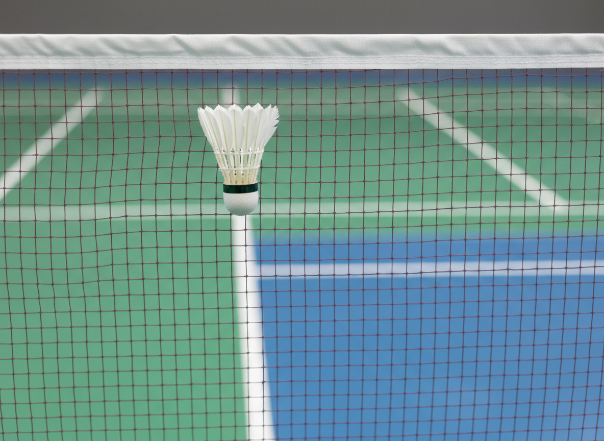 A detailed close-up of a badminton net stretched tightly across a gleaming indoor court, the fine white mesh sharply in focus while the green and blue court lines dissolve into a soft bokeh background. A single shuttlecock is frozen mid-air just above the tape, emphasizing timing and precision. Bright, neutral sports hall lighting shines from above, catching the net’s texture and the shuttle’s ridges, casting delicate shadows on the floor below. Photographic realism from a side-on, eye-level perspective creates a sense of anticipation and friendly competition, with a clean, modern, and slightly playful atmosphere tailored to a youth badminton environment.