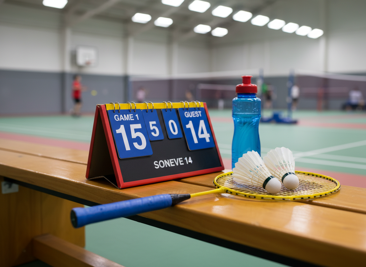A playful scoreboard setup for a youth badminton match, featuring a compact tabletop flip scoreboard in bold primary colors, showing a close score. Around it lie a junior-sized racket, a couple of shuttlecocks, and a bright water bottle, all placed on a smooth wooden bench at the edge of an indoor court. The distant court surface with colored lines is softly blurred behind, suggesting active play. Overhead lighting is bright yet gentle, creating crisp, natural shadows without harsh contrast. Captured in photographic realism from a three-quarter angle, the composition feels energetic yet organized, conveying the spirit of having fun, progressing, and pushing limits in a kids’ badminton club.