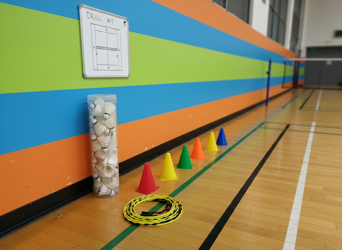 A neatly organized training corner for young badminton players, featuring a tall tube of shuttlecocks, colorful agility cones, a lightweight training ladder coiled on the floor, and a small whiteboard with a simple, hand-drawn court diagram. Everything rests on a polished indoor court near a side wall painted in fresh, upbeat colors. Soft, even sports hall lighting washes the scene, reducing harsh shadows and keeping details clear. Photographic realism from a slightly elevated, wide-angle view captures the full arrangement, with sharp focus throughout. The overall mood is playful and motivating, suggesting structured yet enjoyable practice sessions in a modern youth badminton club.